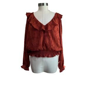 Anthropologie Textured Long Sleeve Floral Blouse in Crimson Rust Orange Sz L
